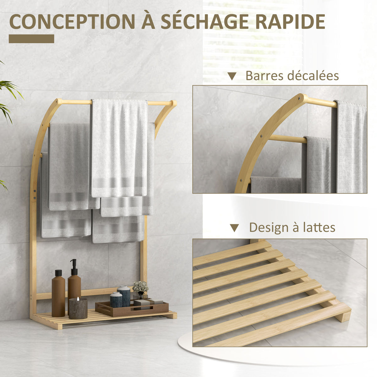 Porte-serviettes en bambou 3 barres avec étagère de rangement, pour la salle de bains et la buanderie, finition naturel-5