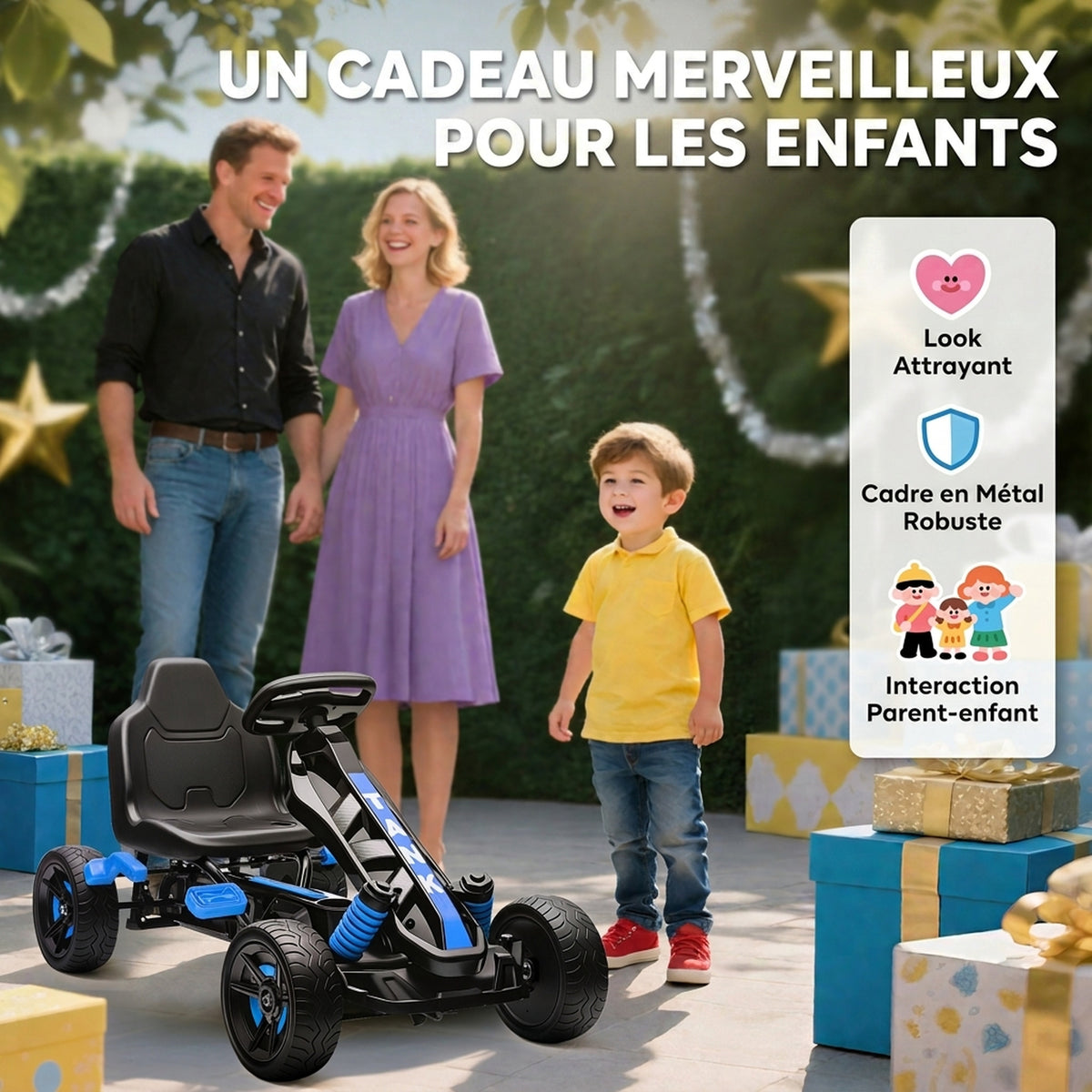 Kart à pédales pour enfants, karting enfant 3 à 6 ans avec roue libre, frein, roues EVA antidérapantes, bleu-7
