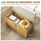 Banc de rangement, coffre de rangement rembourré en tissu aspect lin, couvercle et structure en bambou, gris et naturel-3
