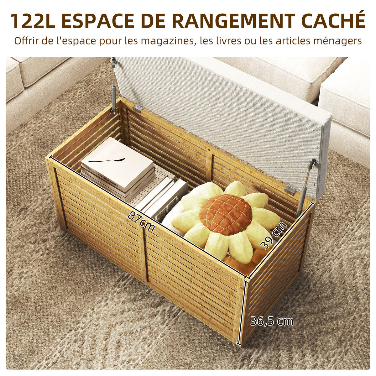Banc de rangement, coffre de rangement rembourré en tissu aspect lin, couvercle et structure en bambou, gris et naturel-3