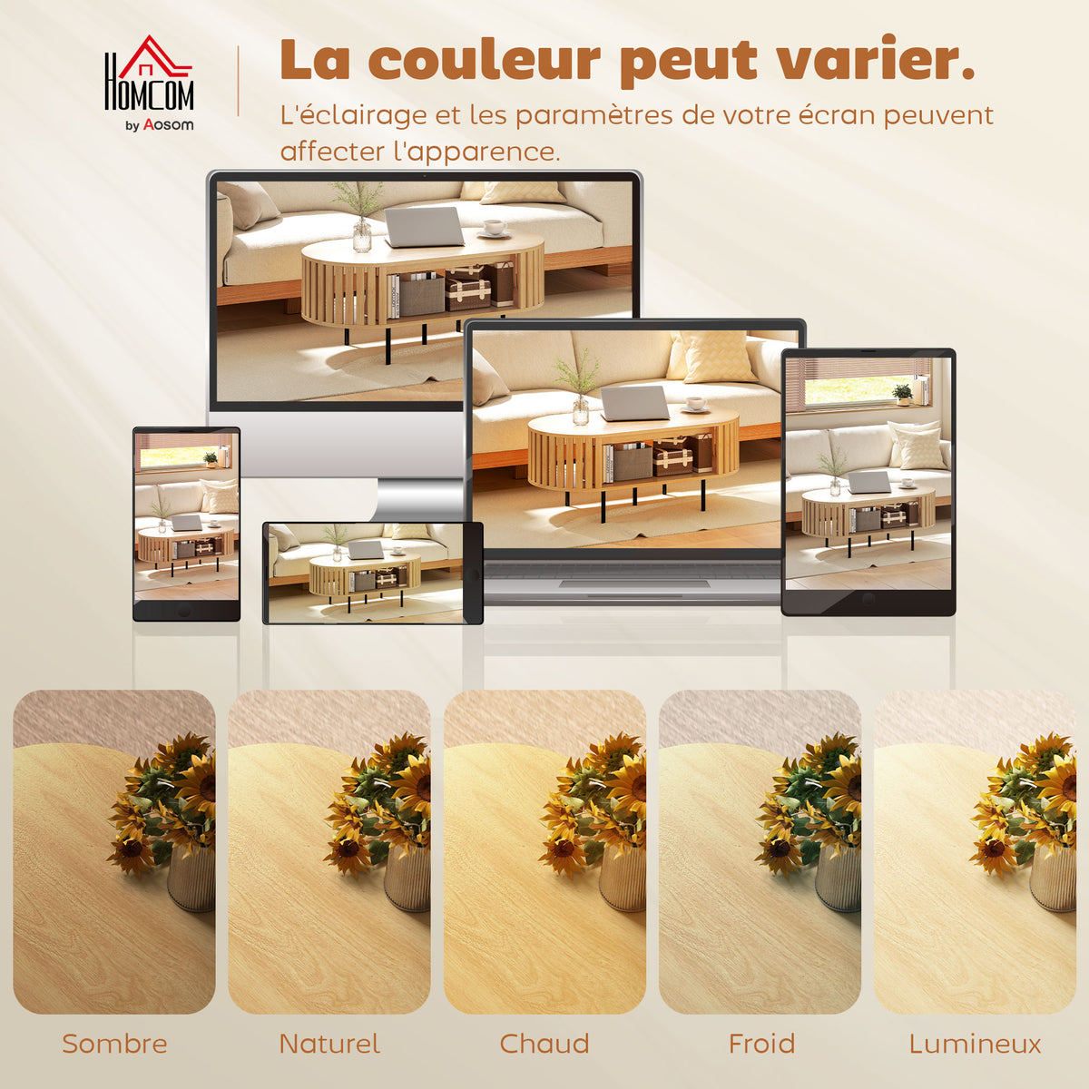 Table basse ovale, table de salon avec rangement, coins arrondis, design lattes, 100 x 50 x 40 cm, effet bois naturel-7