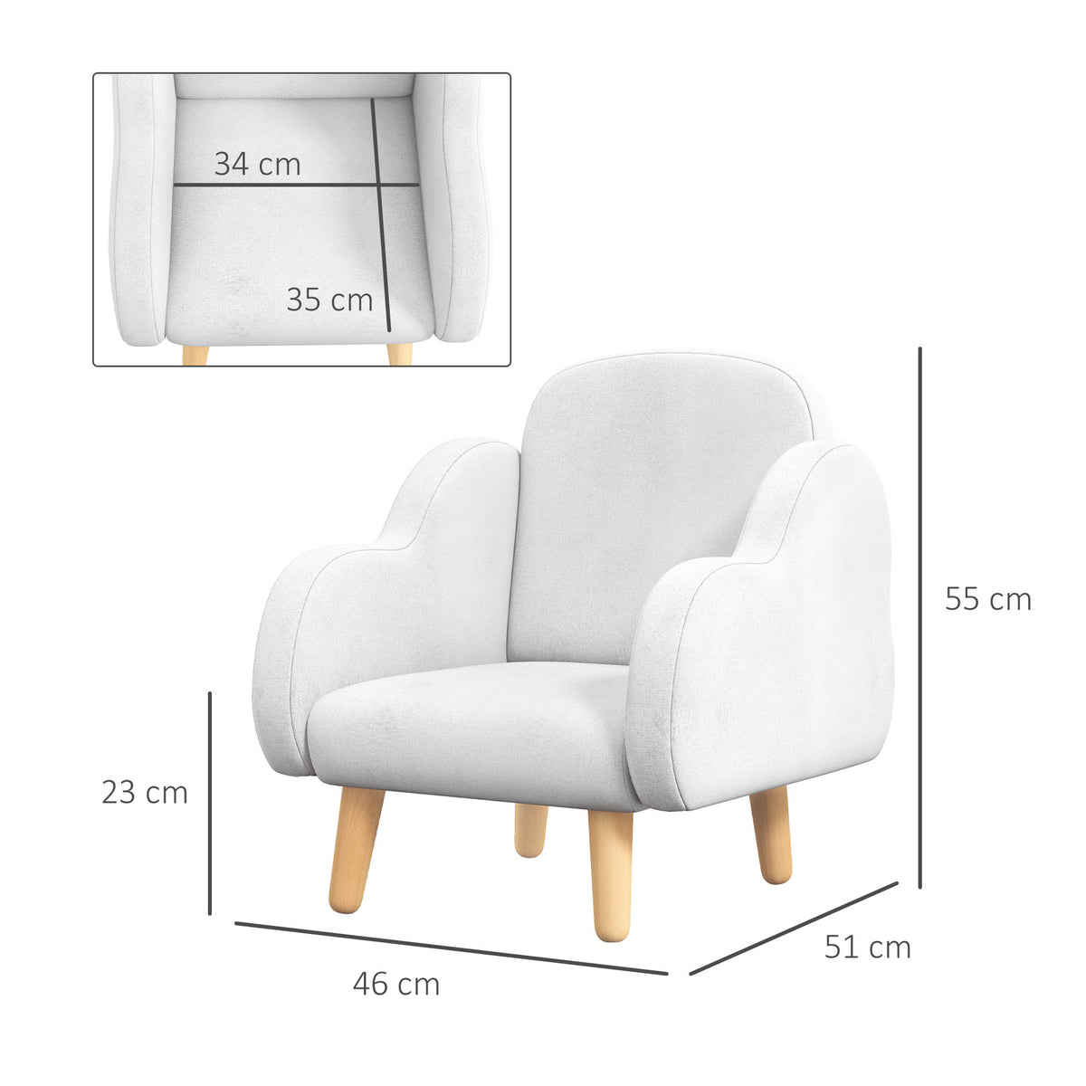 Fauteuil pour enfant design scandinave nuage grand confort avec piètement inclinés et tissu 46 x 51 x 55 cm blanc-2