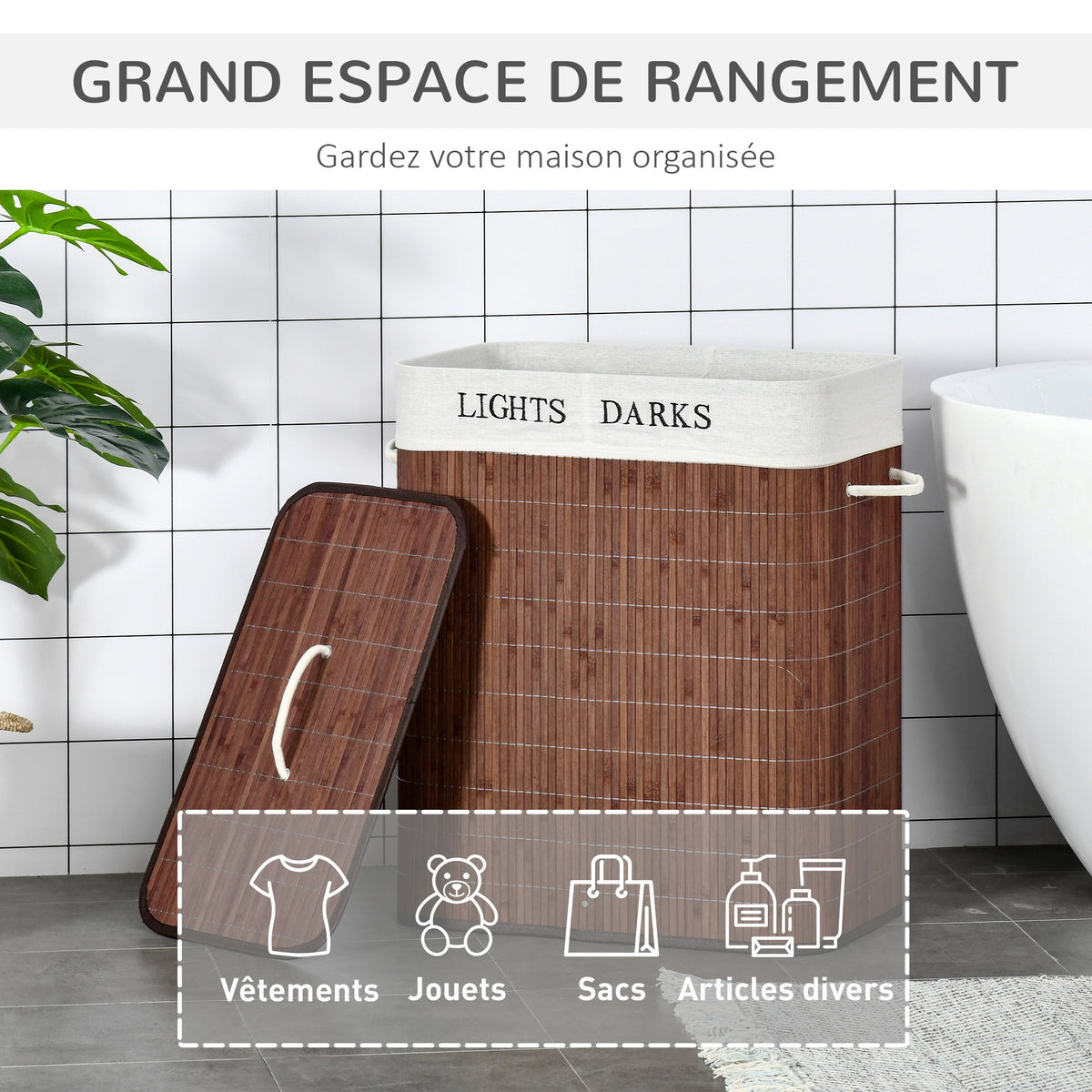 Panier à linge 100L avec 2 bacs bambou pliable couvercle poignée avec Sac amovible et lavable marron-3