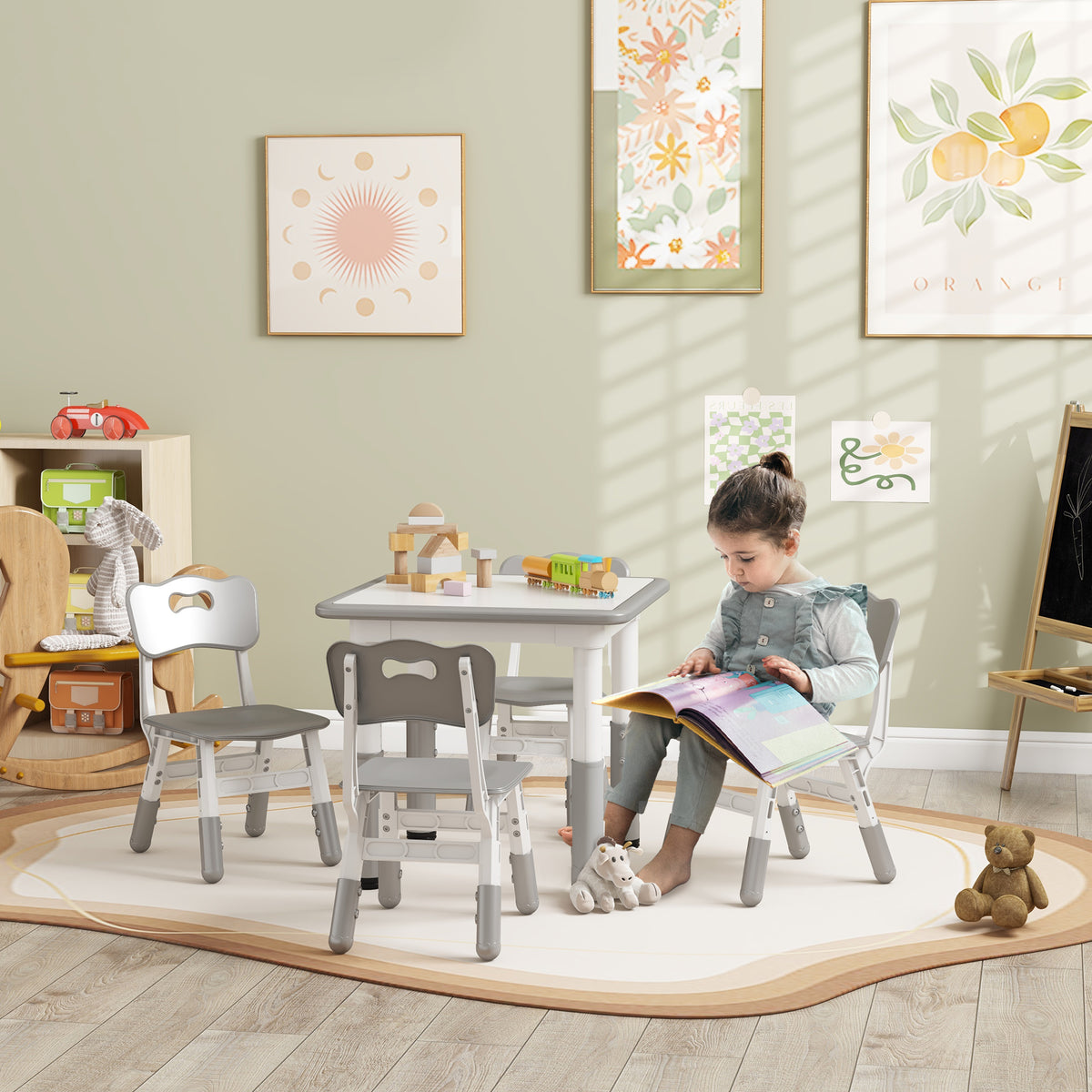 Ensemble 1 table et 4 chaises pour enfants à hauteur réglable, set de 5 pièces, gris-1