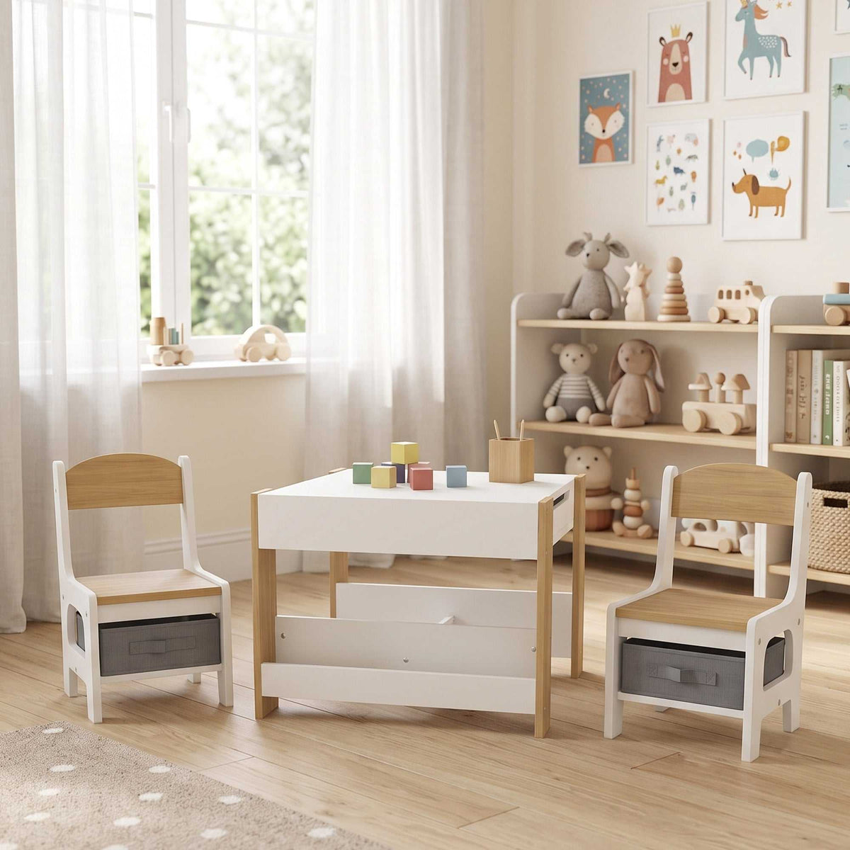 Ensemble 3 pièces table et 2 chaises pour enfant avec plateau réversible tableau noir, panier de rangement, étagères-1