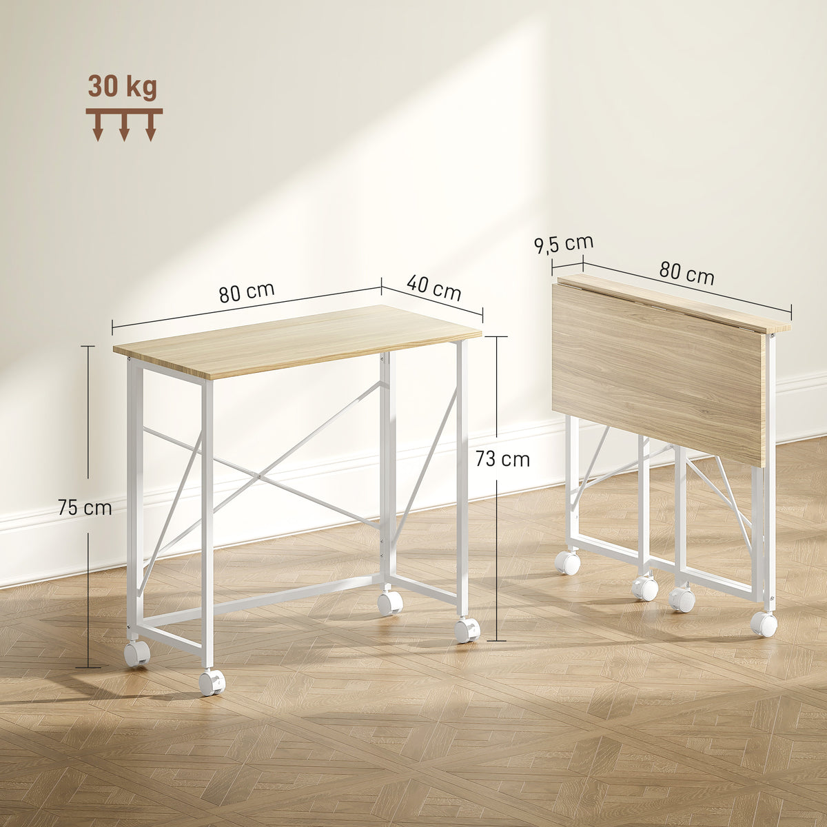 Bureau pliant table d'ordinateur 80 x 40 cm sur roulettes pour bureau à domicile, chambre, petits espaces, chêne-2