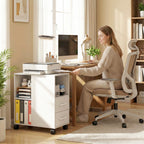 Support d'imprimante, meuble de rangement sur roulettes avec tiroirs, étagère réglable et compartiment ouvert, blanc-3