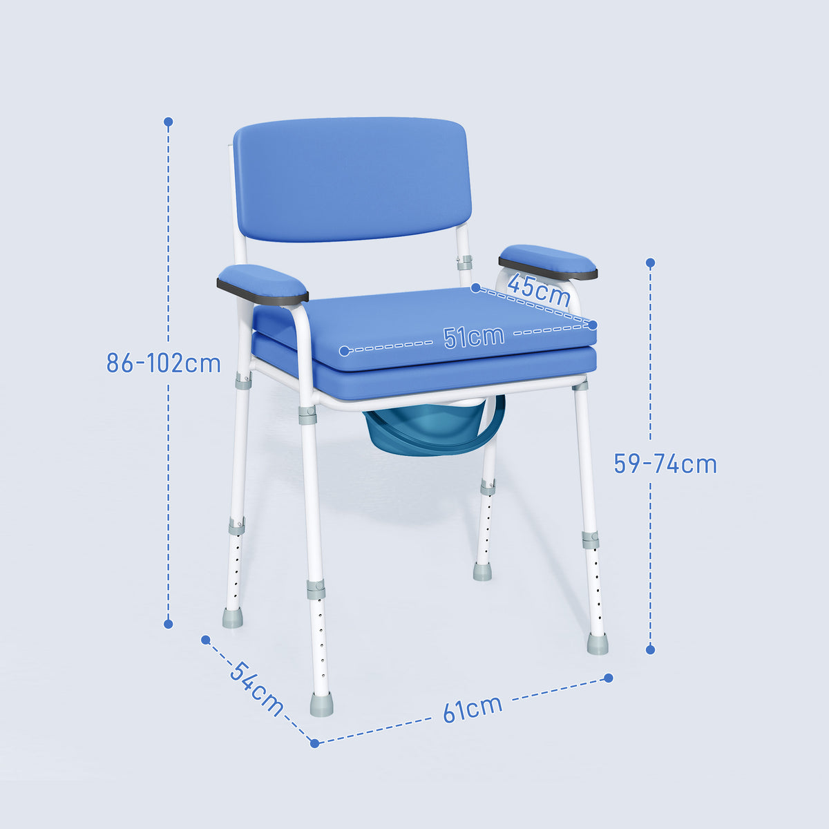 Chaise percée toilette multifonctions seau amovible hauteur réglable avec dossier siège et accoudoirs rembourrés bleu-2