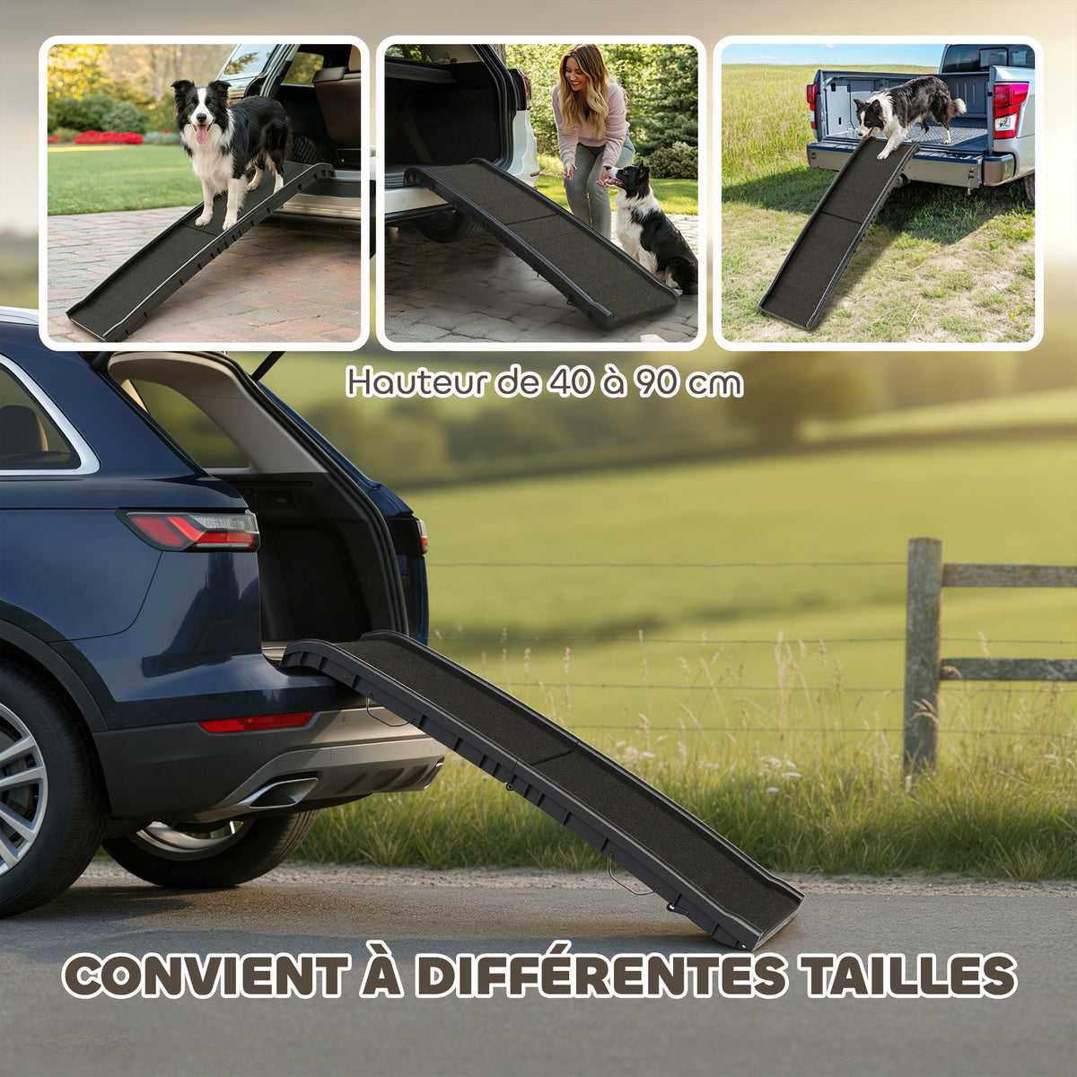 Rampe pliable pour chiens, escalier pour chien en PP avec pente douce et surface antidérapante, 155x38,5x15,5cm, noir-4