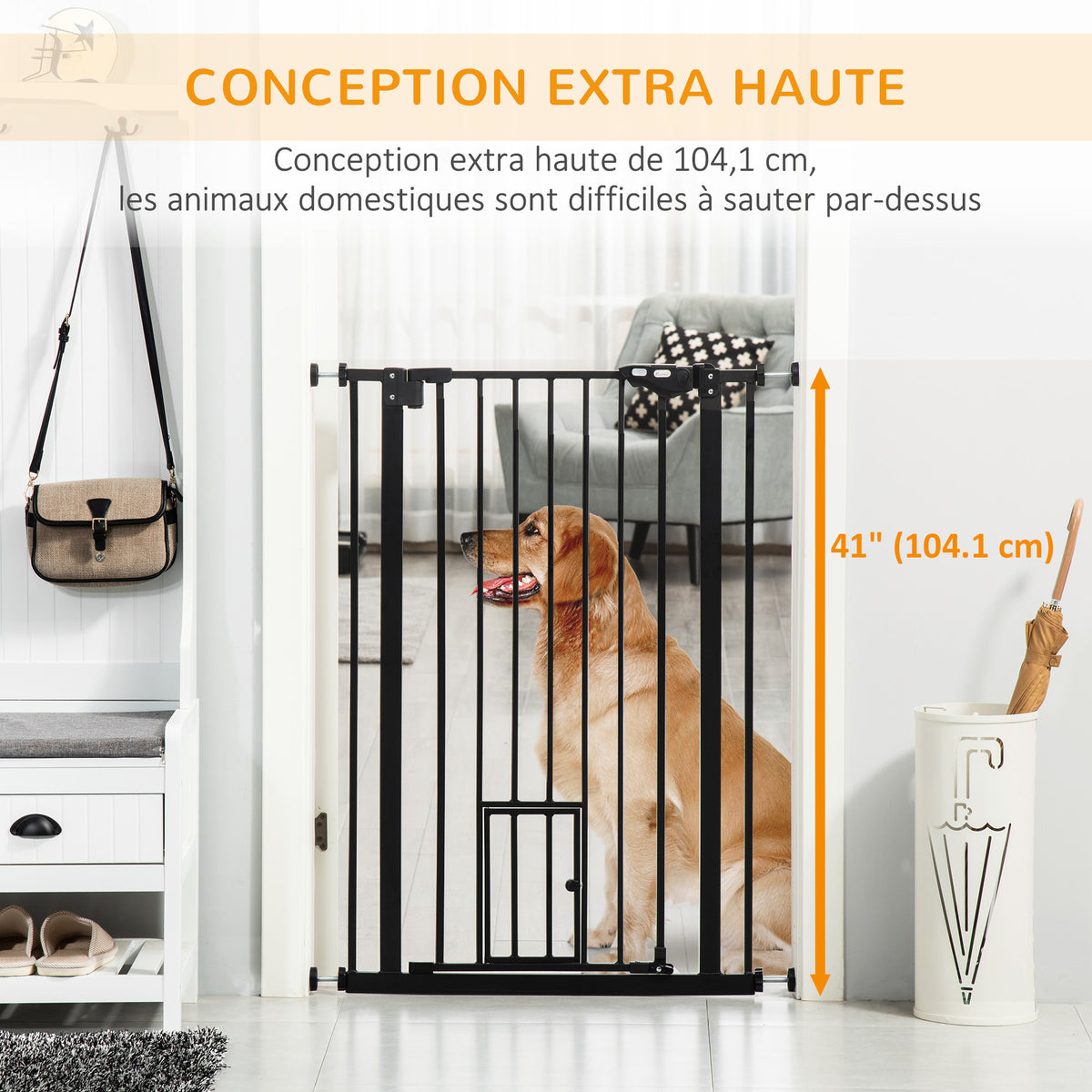 Barrière de sécurité animaux de 104,1H cm avec porte fermeture automatique système de double verrouillage noir-7