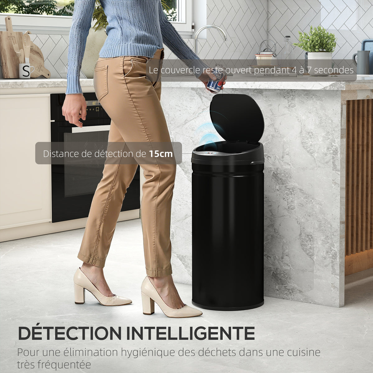 Poubelle cuisine automatique 42L acier inoxydable, poubelle à couvercle à fermeture en douceur, 30,5x30,5x68cm, noir-3