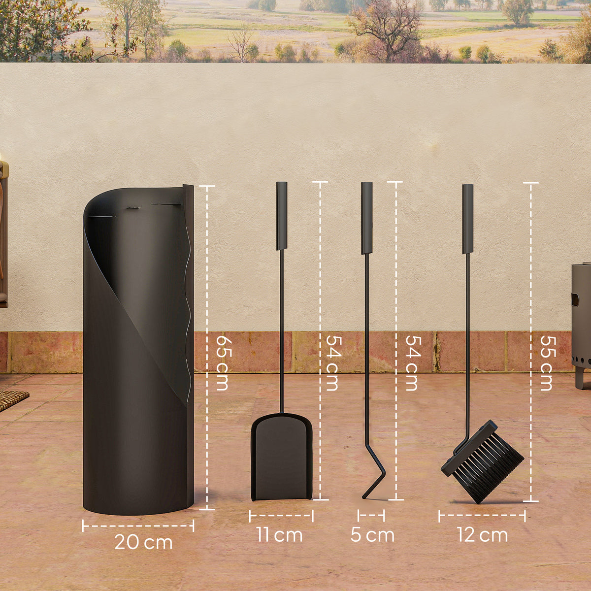 Ensemble serviteur de cheminée 4 pièces avec balai, pelle, tisonnier et support, en métal 20 x 20 x 65 cm, noir-2