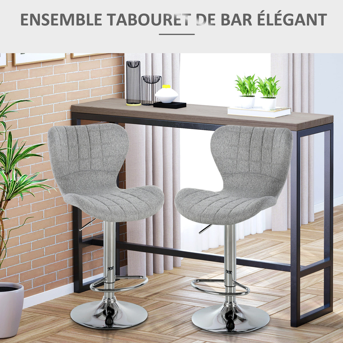 Lot de 2 Tabourets de Bar Design Contemporain Hauteur d'assise réglable 59-81 cm pivotant 360° Lin Gris-3