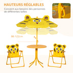 Ensemble Salon de Jardin Enfant 4 pcs Design Tigre - Table Ronde + 2 chaises Pliables + Parasol - métal époxy Oxford Jaune-4