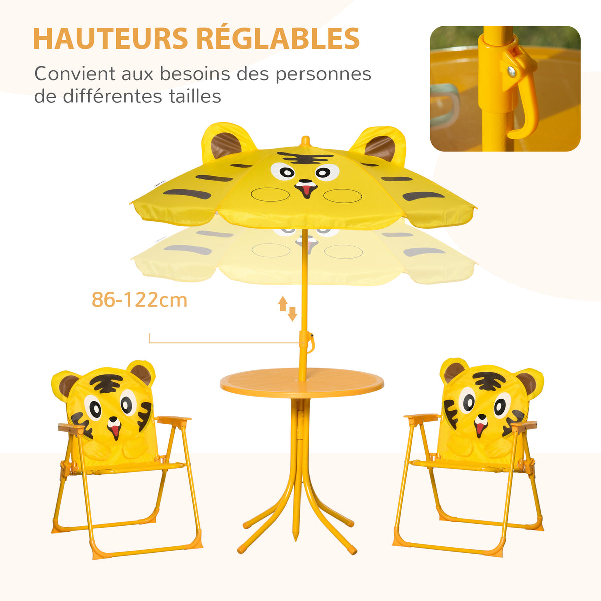 Ensemble Salon de Jardin Enfant 4 pcs Design Tigre - Table Ronde + 2 chaises Pliables + Parasol - métal époxy Oxford Jaune-4