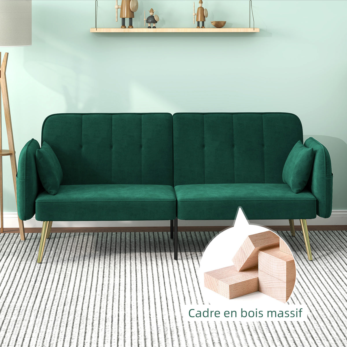 Canapé convertible 2 places canapé-lit canapé clic-clac en tissu velours avec dossier réglable, vert foncé-6