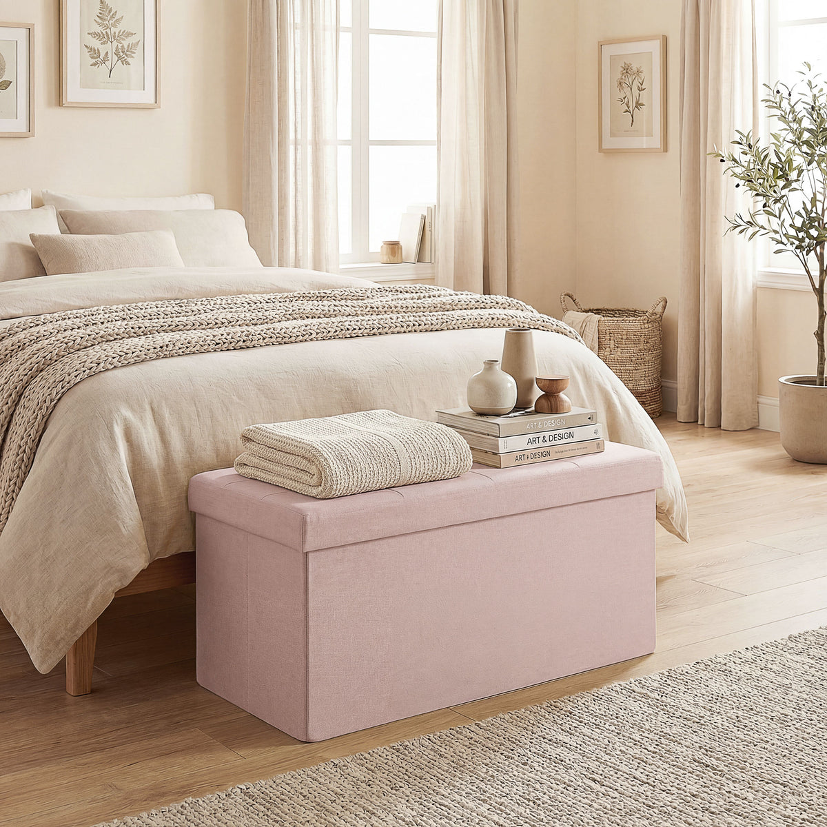 Banc de Rangement, Pouf de Rangement Pliable, Bout de Lit, Repose-Pieds avec Couvercle, 76L x 38l x 38H cm, Rose-8