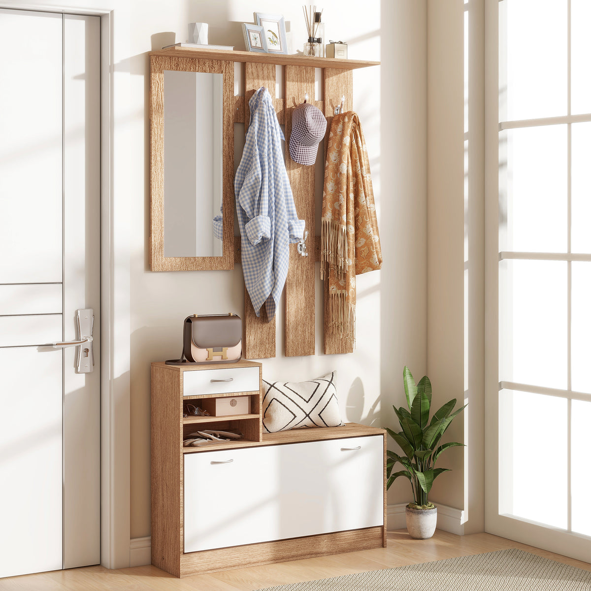 Meuble d'entrée vestiaire avec panneau porte-manteau, miroir et banc à chaussures - 6 crochets et étagère réglable-1