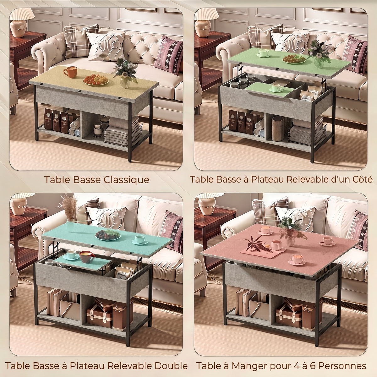 Table basse relevable et extensible, table de salon avec compartiment caché étagères ouvertes, 98x49x55cm, gris-3