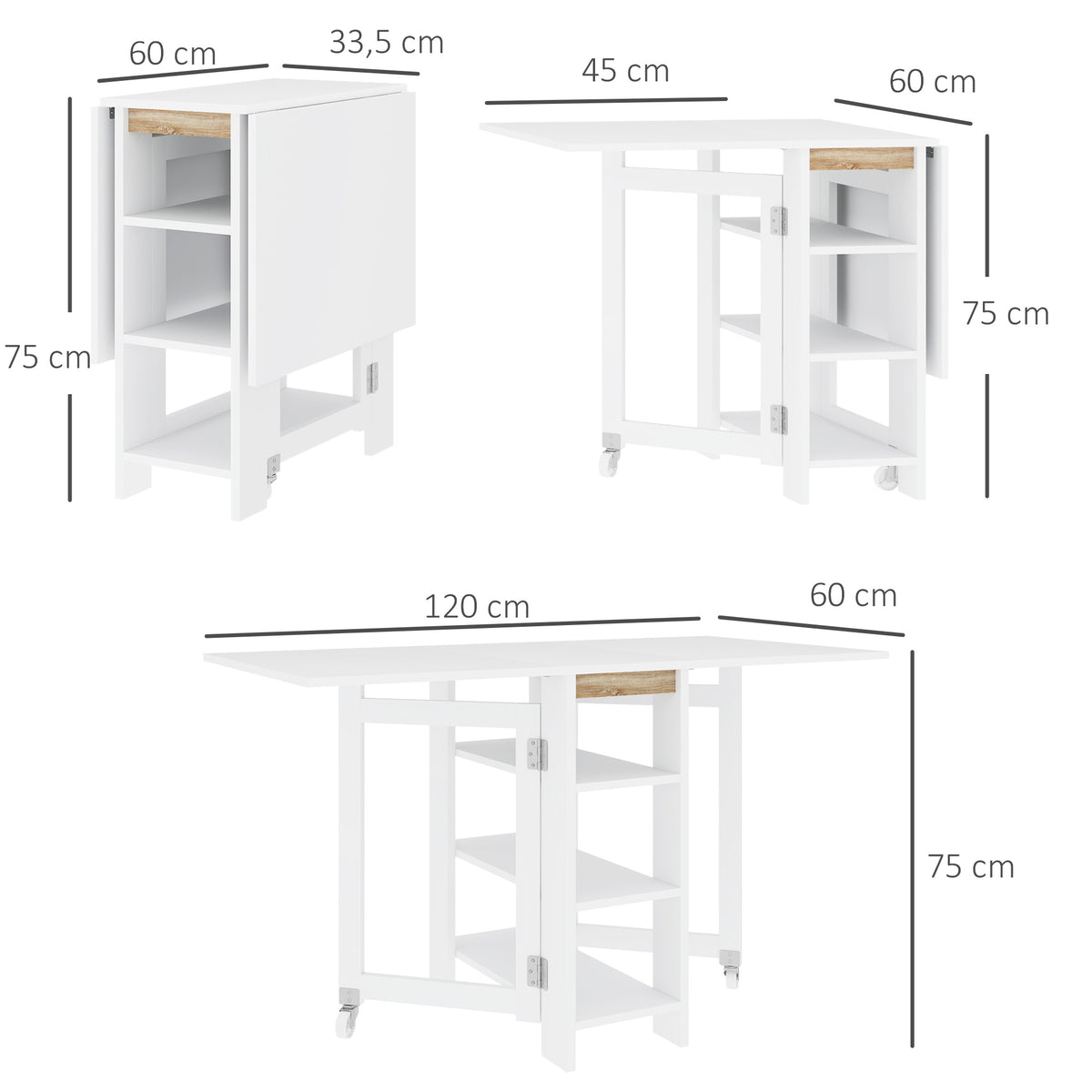 Table à Manger Pliante sur Roulettes, Table de Cuisine pour 2 à 4 Personnes avec Étagères de Rangement, Blanc-2