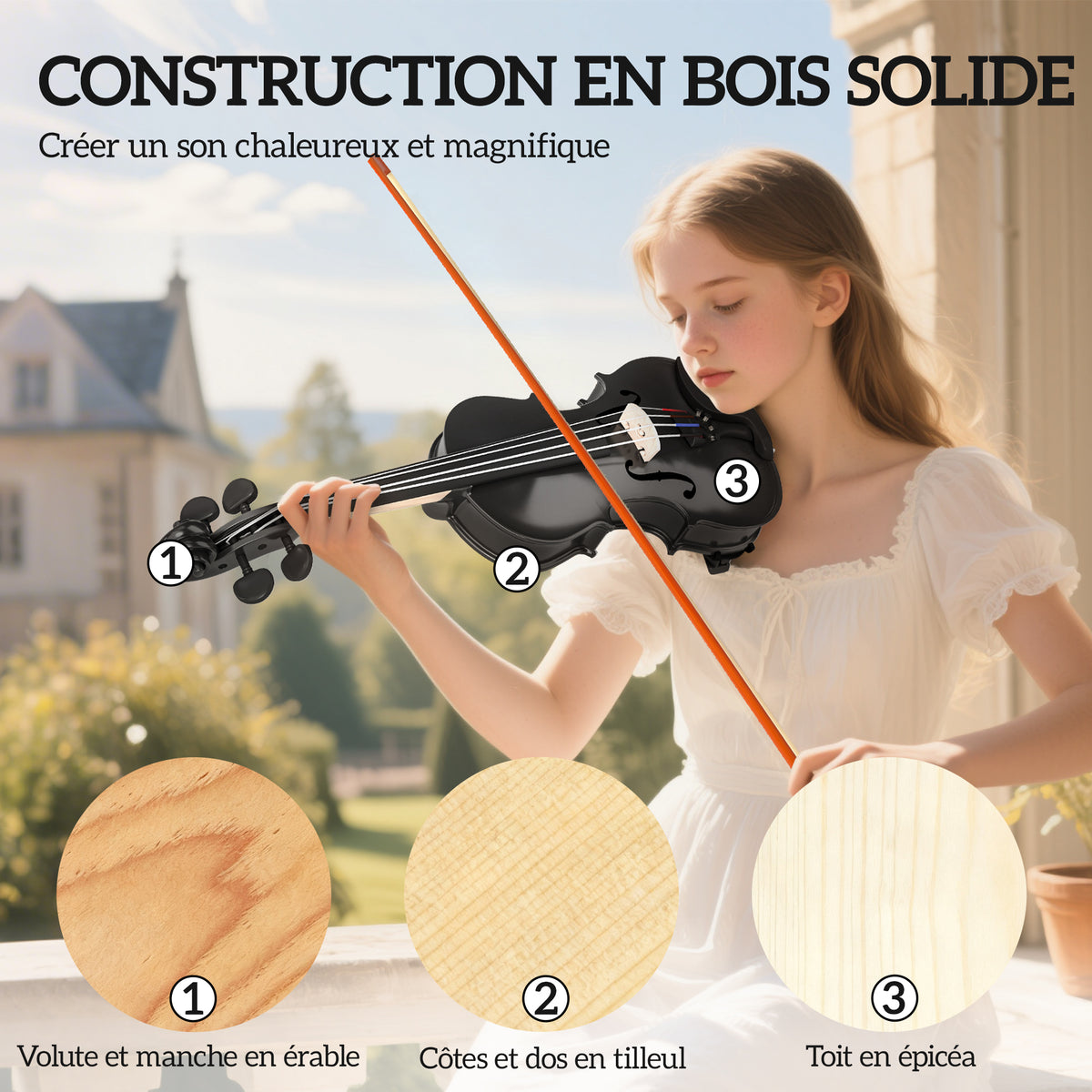 Violon 4/4 Ensemble de Violon en Bois Massif pour Adultes et Débutants avec Étui Léger et Portable 60 x 21 cm Noir-4