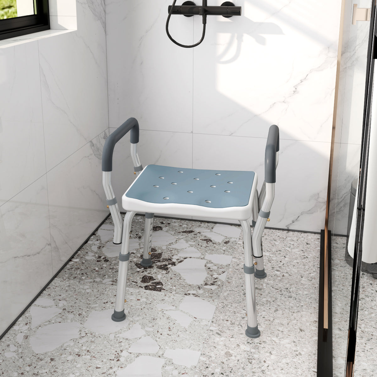 Tabouret de douche pour personnes âgées et handicapées avec accoudoirs, hauteur réglable, patins antidérapants, bleu-1