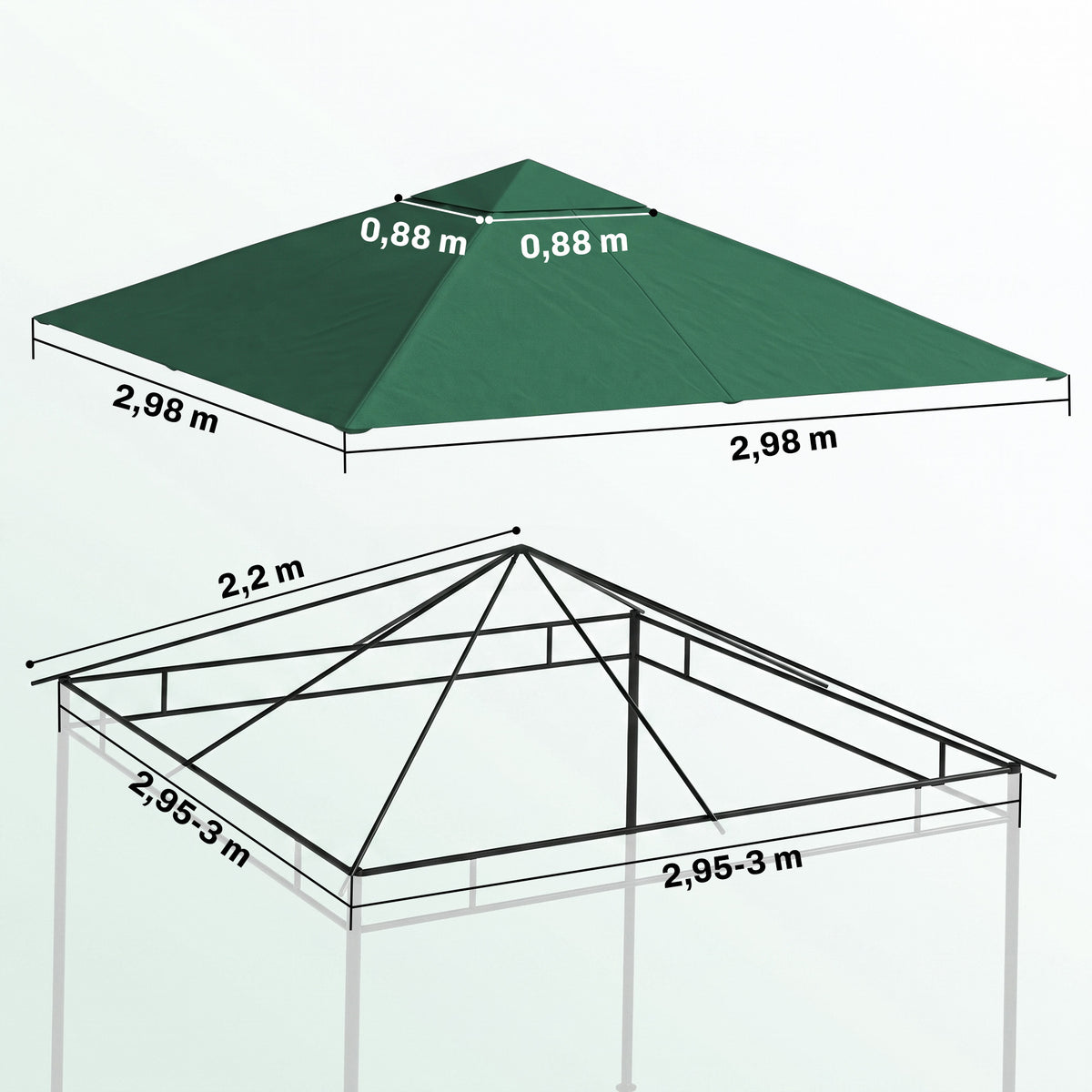 Toile de rechange pour pavillon toit de remplacement gazebo tissu polyester haute densité 180 g/m² anti-UV 3 x 3 m vert-2