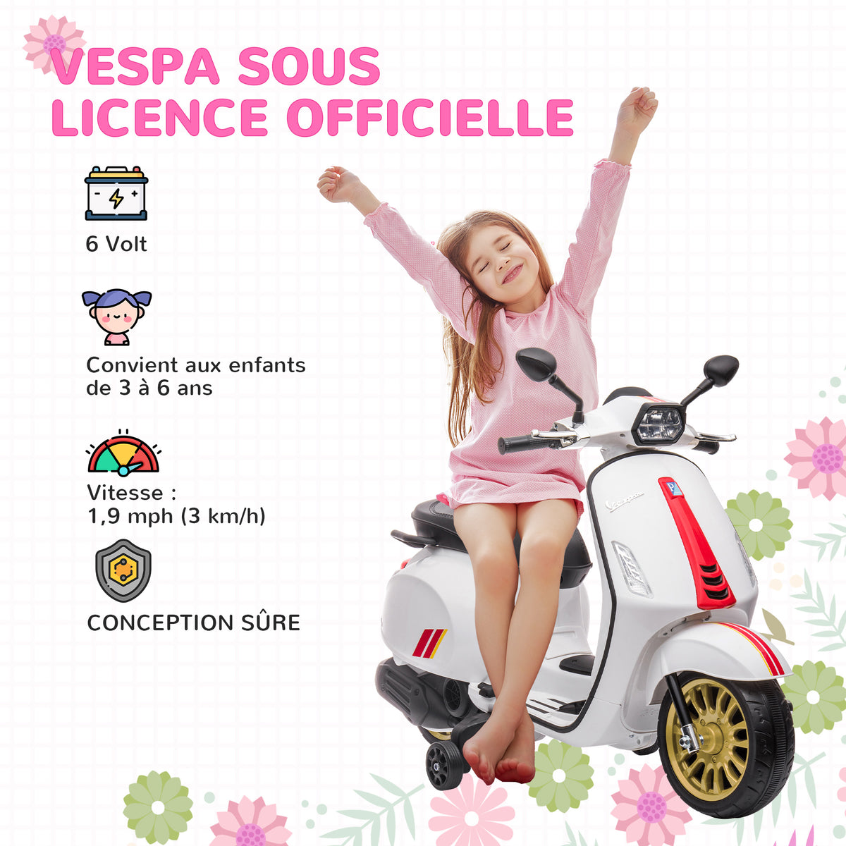 Scooter électrique enfant Vespa 6 V dim. 107L x 47l x 73H cm Musique MP3 Port USB Phare 2 roues d'entraînement - Blanc-3