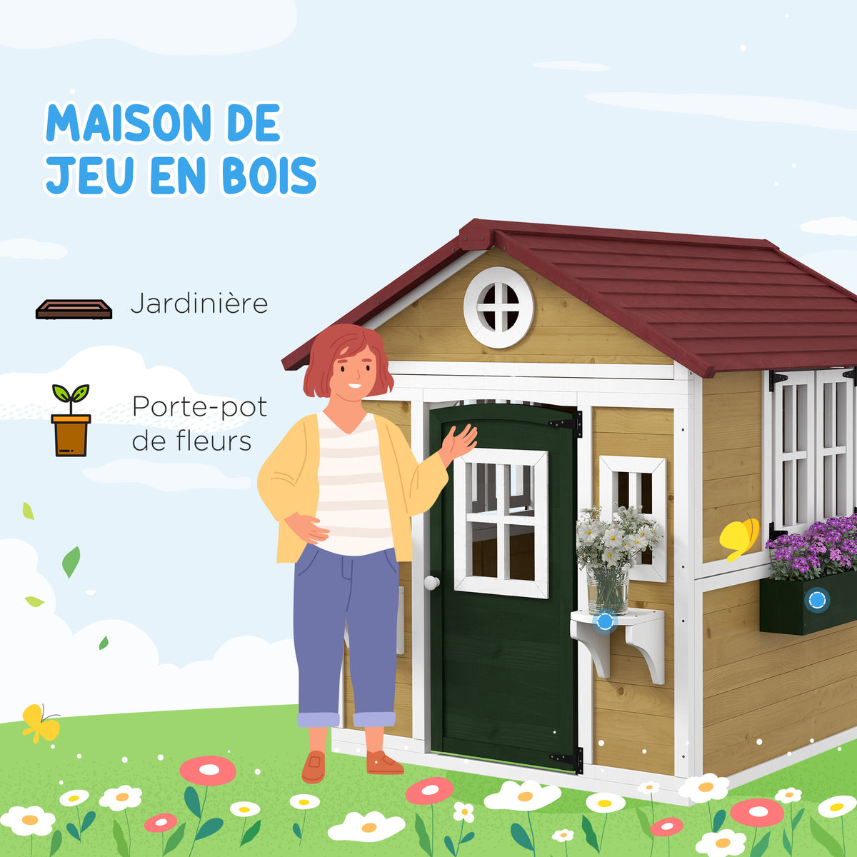 Cabane enfant extérieur maison enfant extérieure avec porte fenêtres et jardinières 114 x 126,4 x 135 cm beige-3