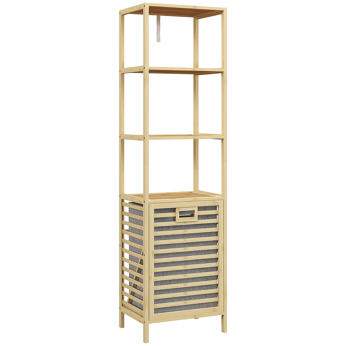 Etagère de rangement pour salle de bain en bambou avec 3 étagères et 1 panier à linge amovible 44L x 33l x 160H cm-0