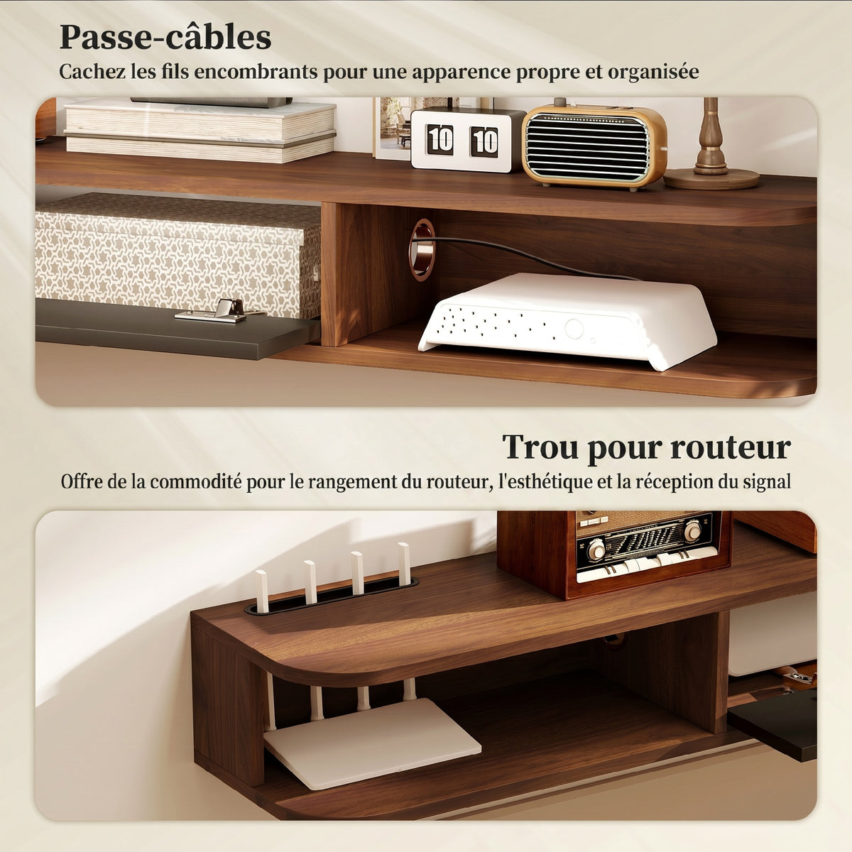 Meuble TV Suspendu, Meuble Télé pour Téléviseur jusqu'à 75 Pouces, Tiroir Rabattable, 2 Étagères, 180x24x16cm, Noyer-5