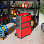 Lot de 3 boîtes à outils sur roulettes empilables et modulaires en acier avec plateau, poignées et serrure, rouge-7