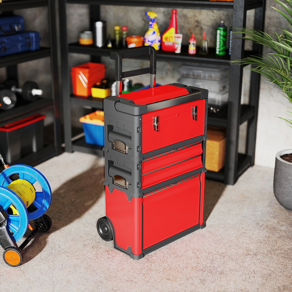 Lot de 3 boîtes à outils sur roulettes empilables et modulaires en acier avec plateau, poignées et serrure, rouge-7