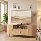 Meuble TV 140 cm avec 2 Prises et 2 Ports, Meuble Télé pour 84 Pouces, 2 Portes Battantes, 2 Portes Coulissantes, Chêne-9