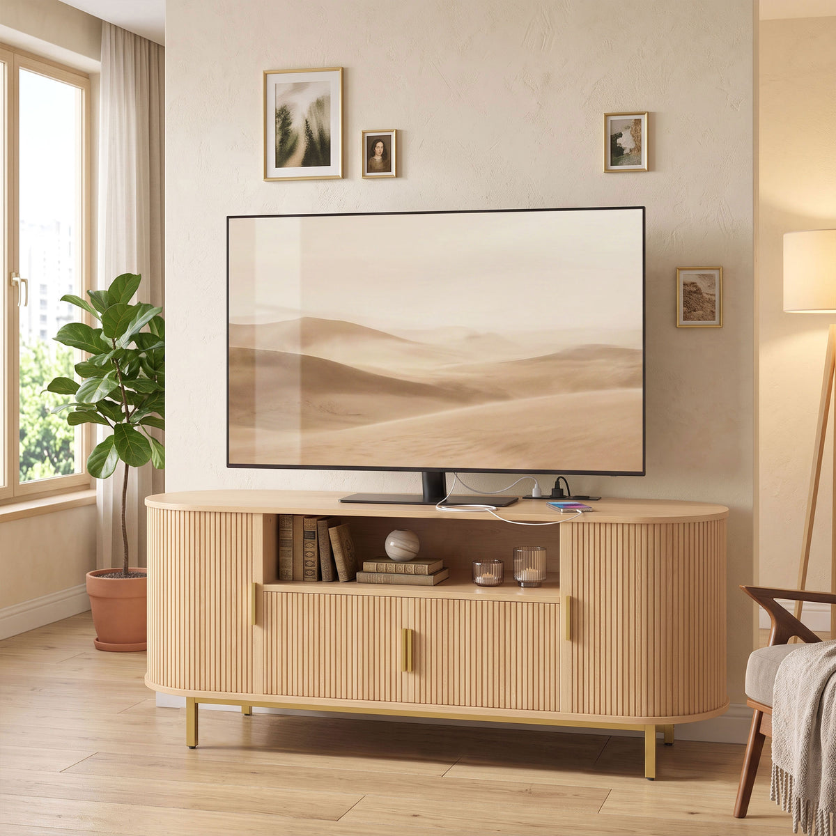 Meuble TV 140 cm avec 2 Prises et 2 Ports, Meuble Télé pour 84 Pouces, 2 Portes Battantes, 2 Portes Coulissantes, Chêne-9