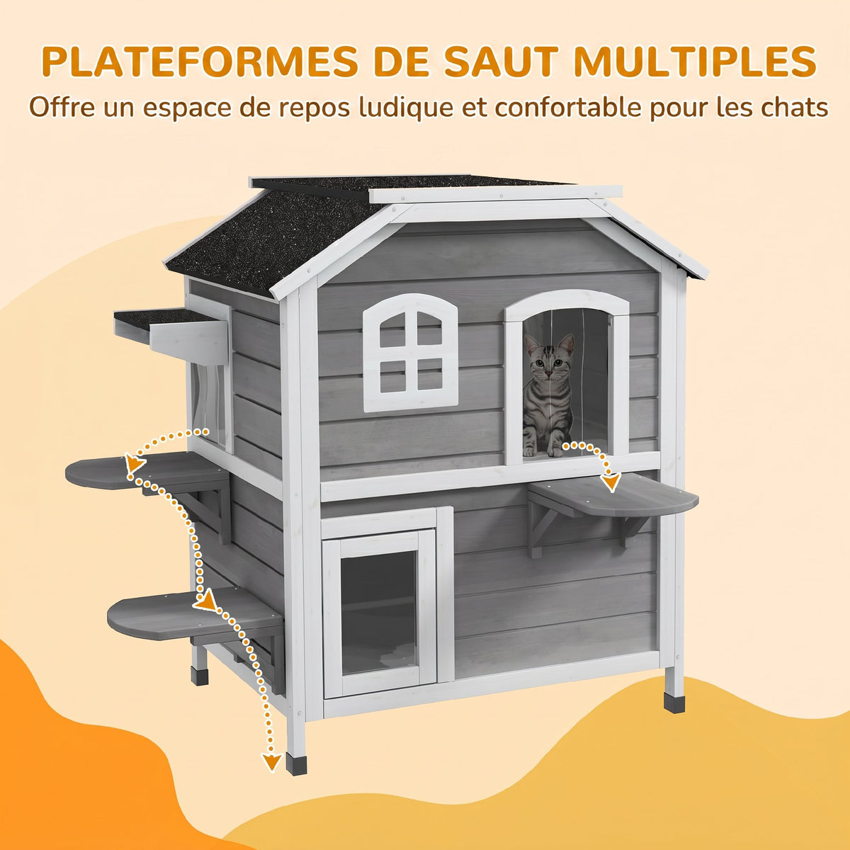 Maison Extérieur pour Chat Abri Extérieur en Bois pour Chats Errants 2 Étages Toit Ouvrant Bitumé 99,5x76x91cm Gris-6