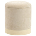 Pouf coffre rangement, tabouret rond en chenille, pouf repose-pieds avec base en métal effet bois, beige-0