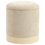 Pouf coffre rangement, tabouret rond en chenille, pouf repose-pieds avec base en métal effet bois, beige-0