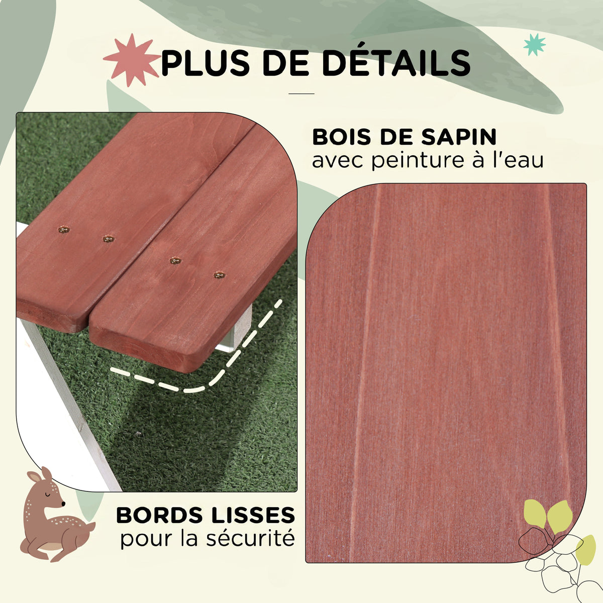 Table de pique-nique pour enfants avec bancs en bois massif table enfant pour le jardin 89 x 79 x 50 cm marron et blanc-7