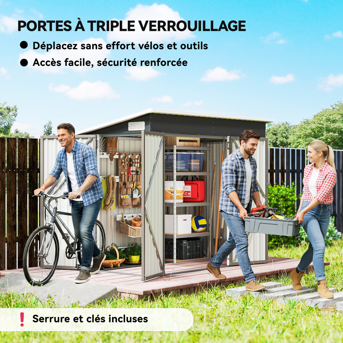 Abri de jardin en métal cabane jardin extérieure triple porte verrouillable toit incliné aérations 234x132x185cm gris-3