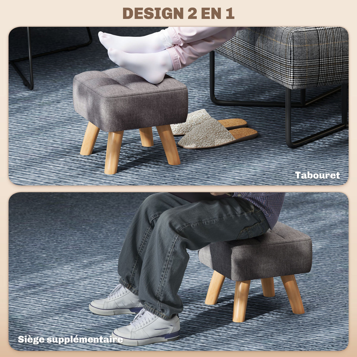 Repose pied salon ottoman siège rembourré en tissu avec pieds en bois 27 x 27 x 26 cm gris-3
