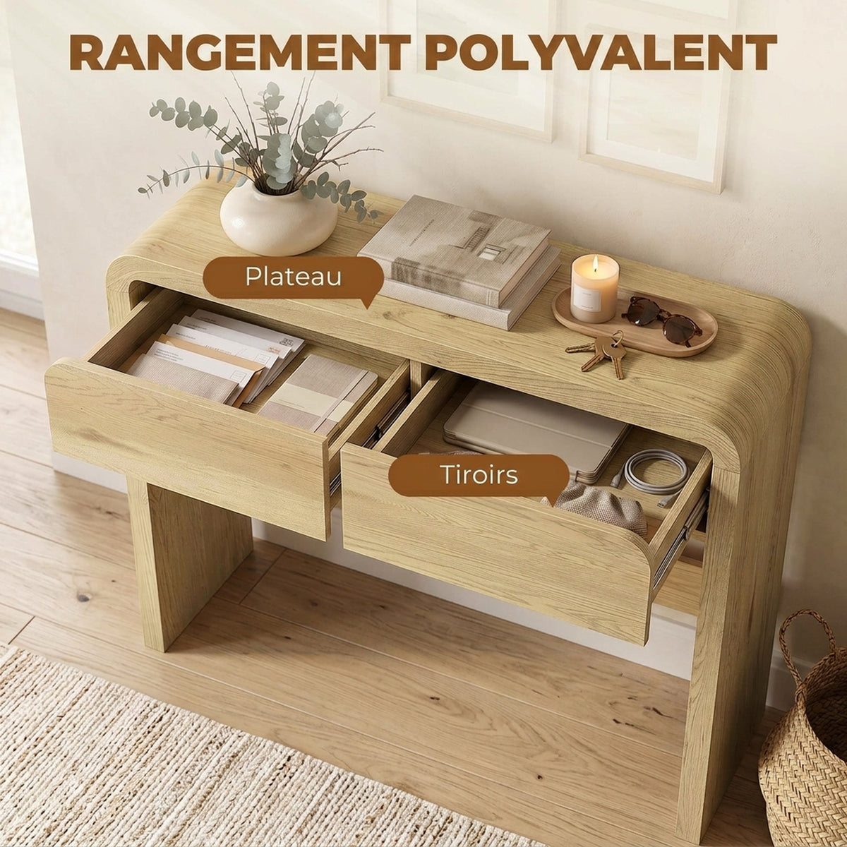 Table Console avec 2 Tiroirs, Console Meuble, 100 x 30 x 85 cm, Coins Arrondis et Plateau Épais, Bois Naturel-5
