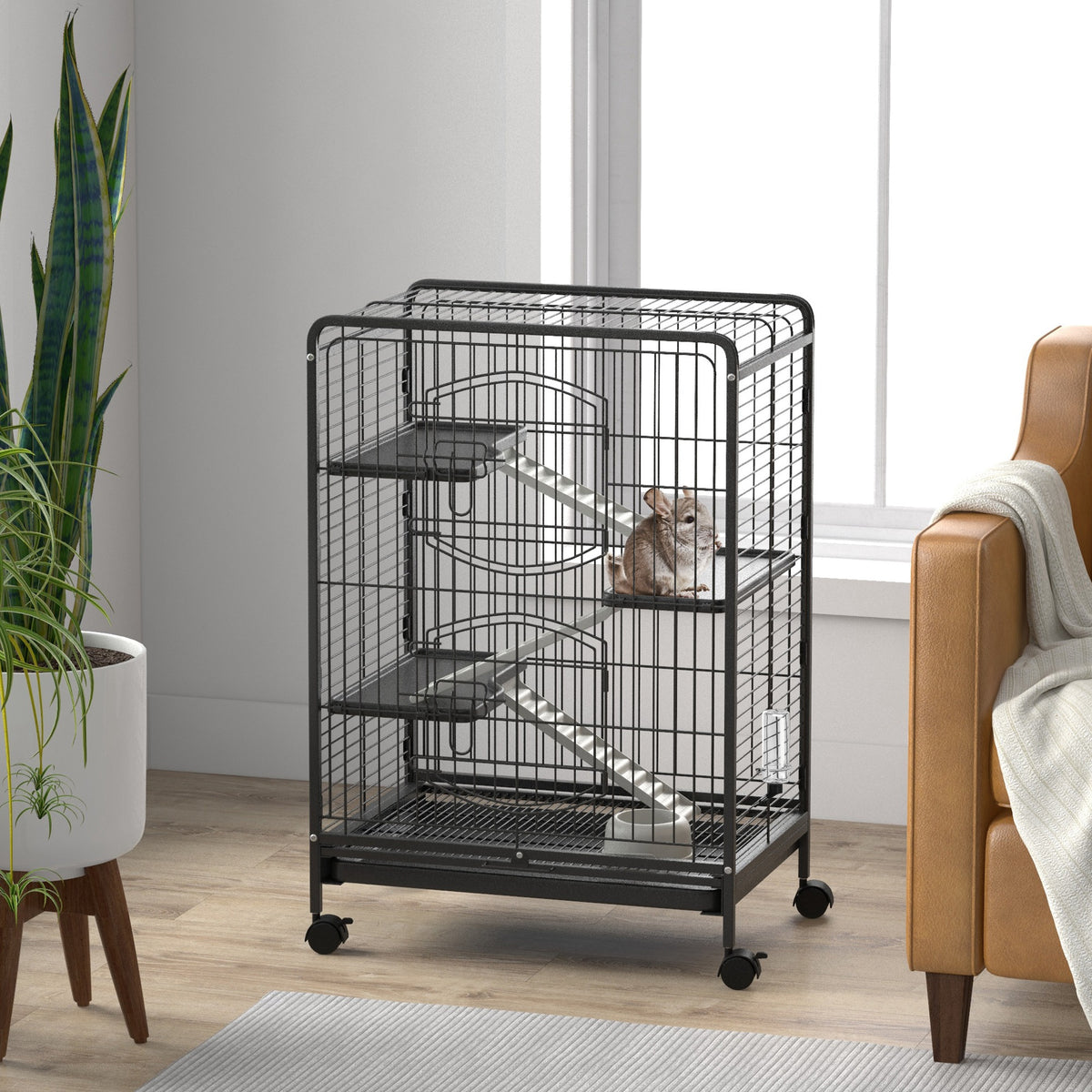 Cage pour rongeurs cage pour Petits Animaux Roulante 3 Rampes 3 Plates-formes Plat et Bouteille d'Eau Bac Inférieur Amovible pour lapin vison d'animaux chinchilla Acier PP 61,5x44x95cm Noire-9