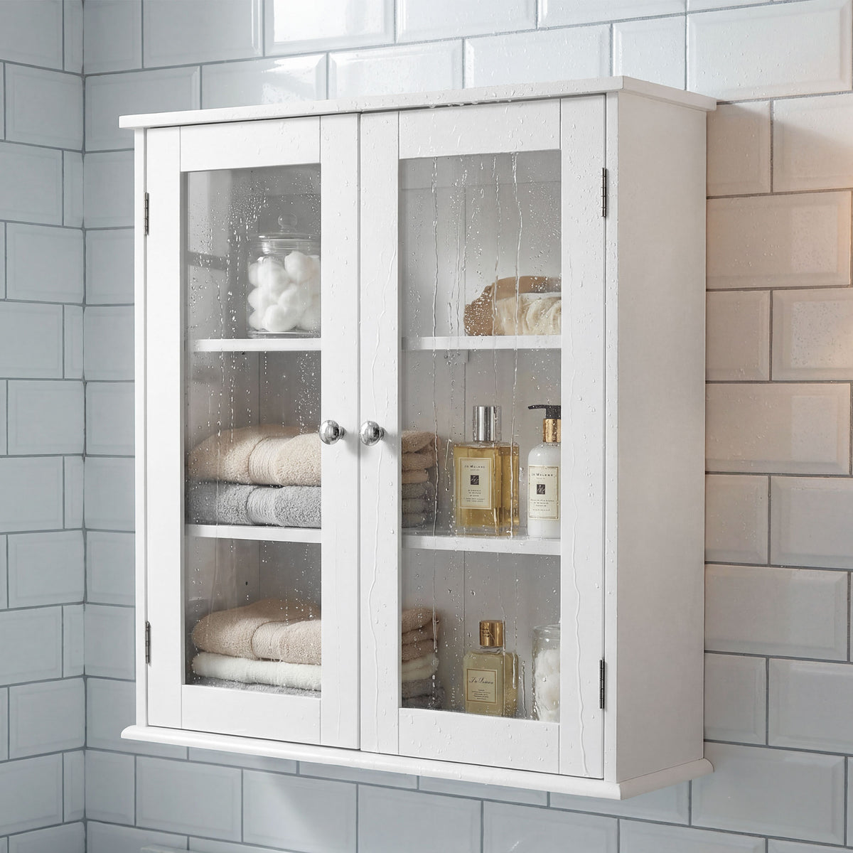 Armoire murale de salle de bain, meuble haut salle de bains avec 2 portes en verre, étagère réglable, 55x20x65cm, blanc-7