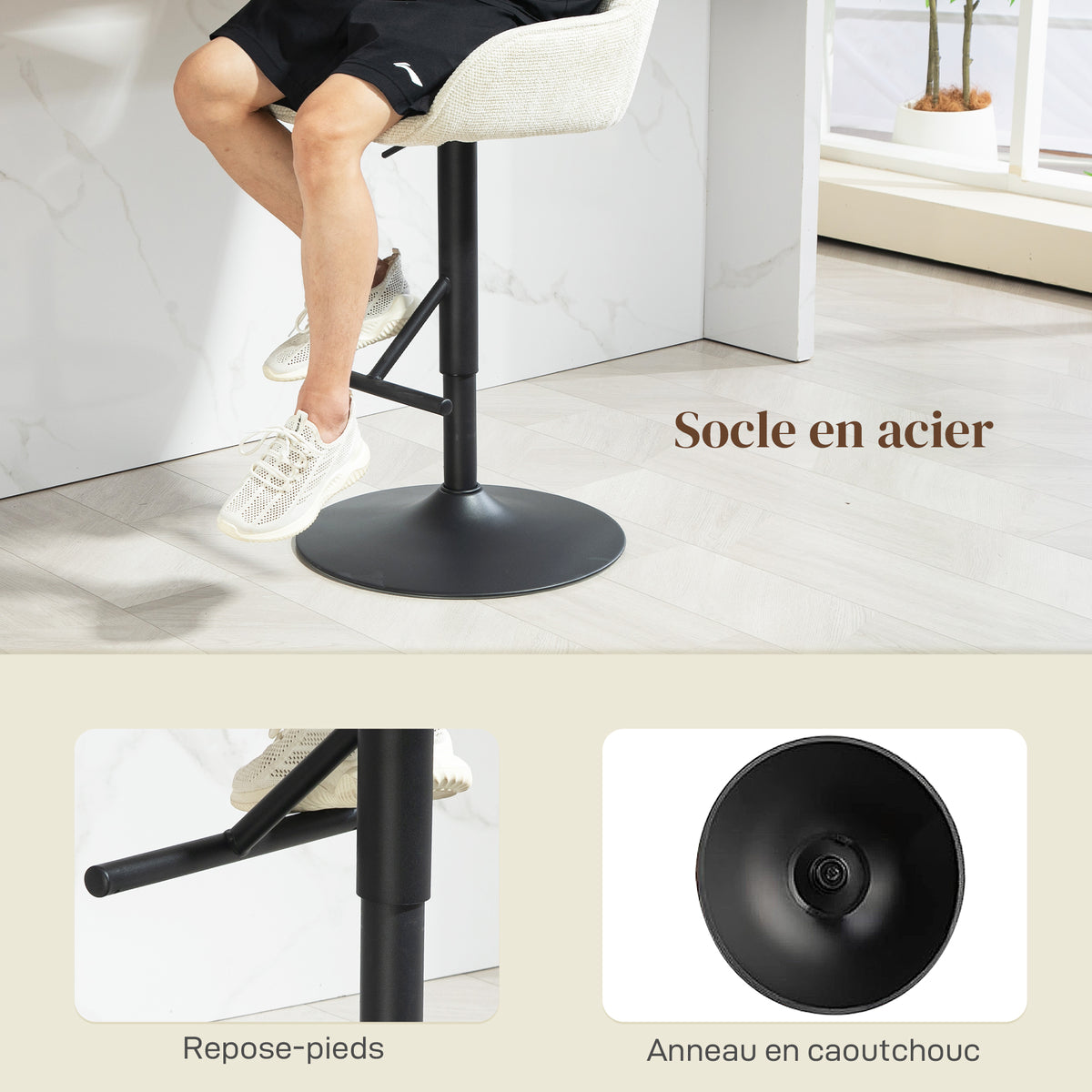 Lot de 2 tabourets de bar chaises de bar hauteur réglable tissu effet lin et base en acier 52,5 x 53 x 86,5-108 cm crème-7
