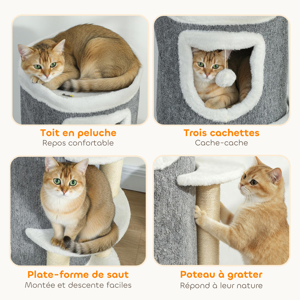 Tour pour chat à 4 niveaux arbre à chat stable avec griffoirs en sisal et bord en peluche 2 plateformes 50x36x101cm gris-4