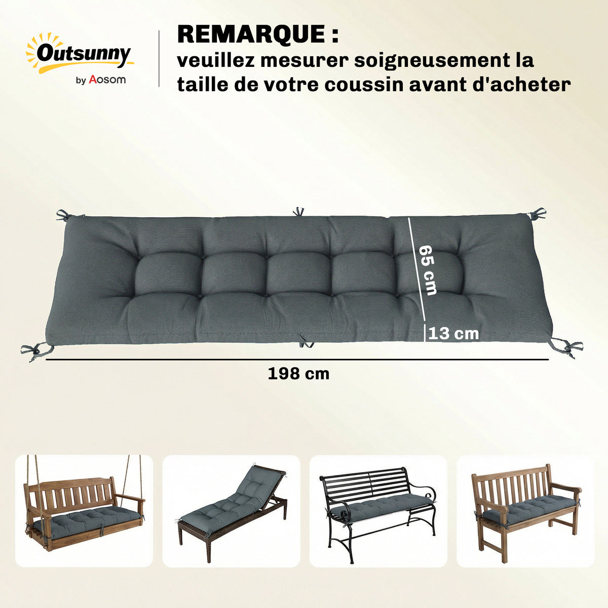 Coussin Bain de Soleil Chaise Longue en Mousse à Mémoire avec Sangles, Protection UV50+, 198x65x13cm, Gris foncé-2