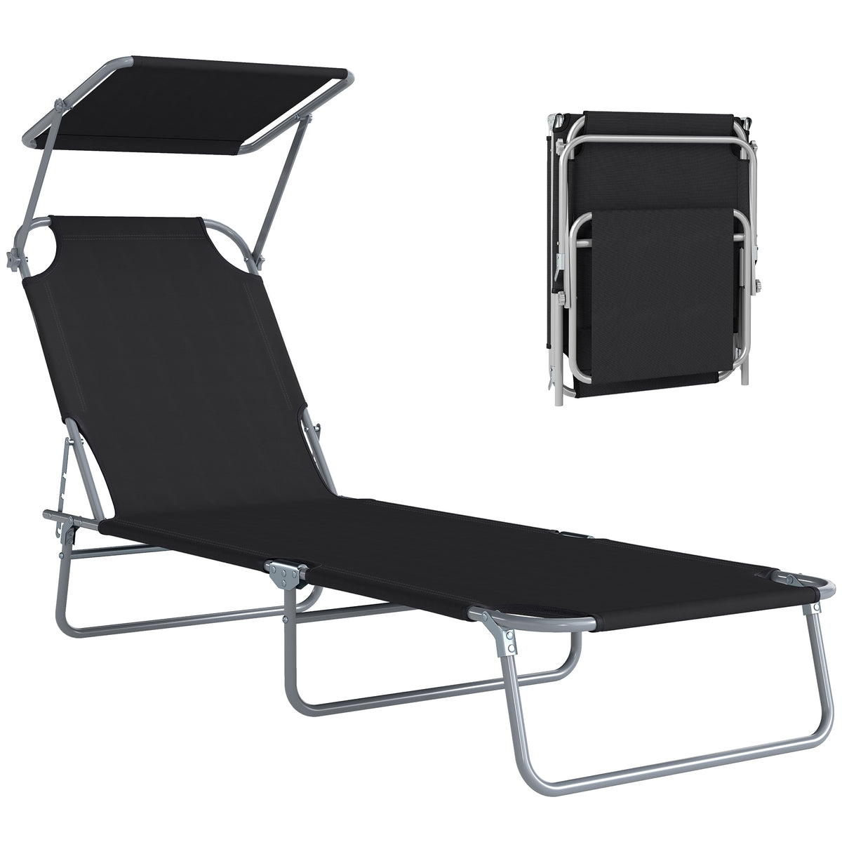 Transat Bain de Soleil Pliable Chaise Longue Pliante Grand Confort Dossier Inclinable Multi-positions et Pare-Soleil réglable Dim. 187L x 58l x 36H cm Noir-0