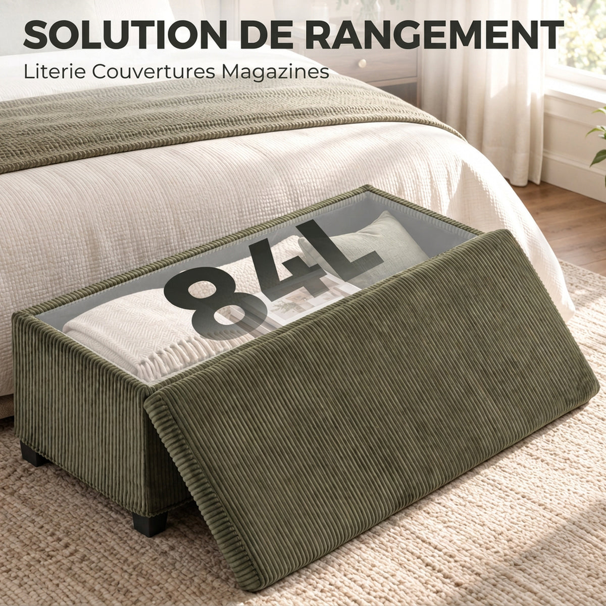 Banc de Rangement, Bout de Lit en Velours Côtelé avec Couvercle, pour Salon, Chambre, Entrée, 112x42x40 cm, Vert Clair-5