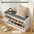 Banc à chaussures avec tiroir rabattable, coussin d'assise et étagère réglable, 80 x 26 x 48 cm, blanc-3
